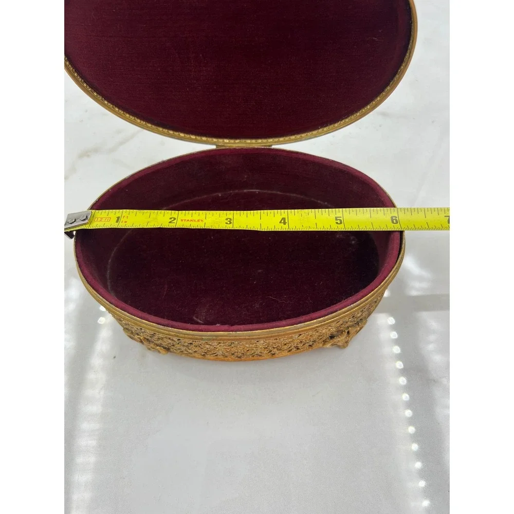 Vintage Filigree Amber Glass Jeweled Top Jewelry Trinket Box Display Case